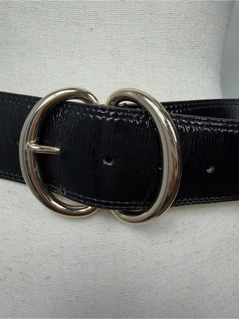 Vintage Patent leather Black Wide Belt with Double Ring buckle